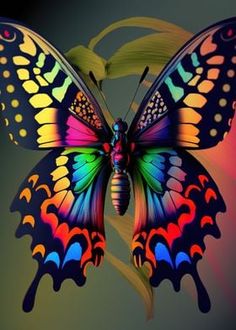 a colorful butterfly sitting on top of a green leaf