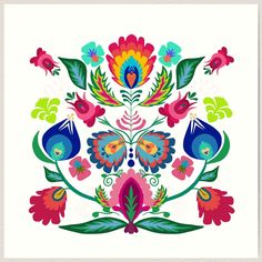 an art print with colorful flowers and leaves in the center, on white paper background