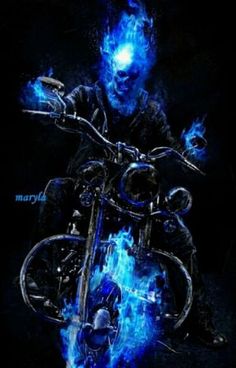 a man riding on the back of a motorcycle with blue flames coming out of it