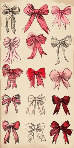 a bunch of different types of bows on a piece of paper that is drawn with colored pencils