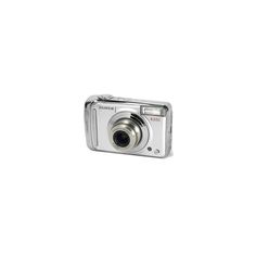 a silver digital camera sitting on top of a white surface