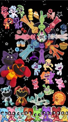 an image of many different cartoon character stickers on a black background with space in the background