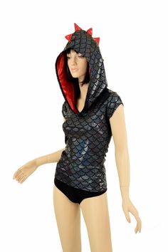 "This item is made to order, please read all the way through the listing before purchasing! This sparkling full length hoodie top is made of black dragon scale holographic spandex. Features a big roomy hood, lined in red sparkly jewel with matching red dragon spikes down the hood and back. Cheeky booty shorts NOT included, those are sold separately. This top is FULL LENGTH, not a crop top. Womens Sizing (See below for instructions on where measurements should be taken) XXS: Bust 29\"-30\" / Wais Dragon Costume Women, Dragon Hoodie, Dragon Costume, Future Style, Dragon Scale, Black Dragon, Red Dragon, Leather Outfit, Hoodie Top