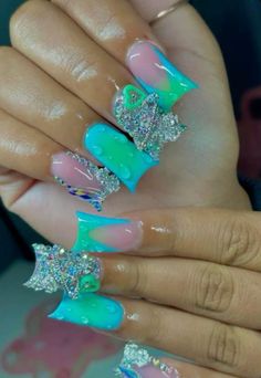 Turquoise Birthday Nails, Teal Duck Nails, Pink & Blue Nails, Cyan Acrylic Nails, Mint Nails Acrylic, Teal Nails Turquoise, Duck Junk Nails, Turquoise Acrylics, Teal And Pink Nails