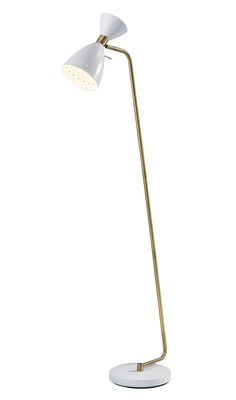 a white and gold floor lamp on a white background