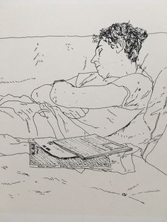 a black and white drawing of a man sitting on a couch with his head down