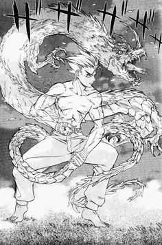 a drawing of a woman holding a snake in front of an evil looking monster with horns