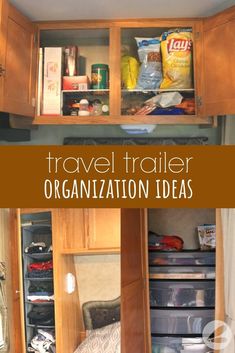 the inside of a travel trailer with lots of items in it and text overlay that reads, travel trailer organization ideas