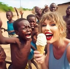 a woman holding an ice cream cone in front of children on the beach with their mouths open