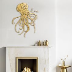 a living room with a fire place and an octopus clock on the wall above it