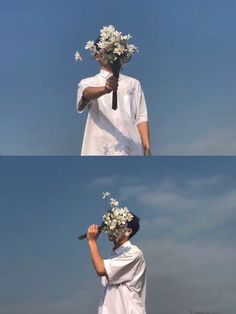 two pictures of a man with flowers on his head