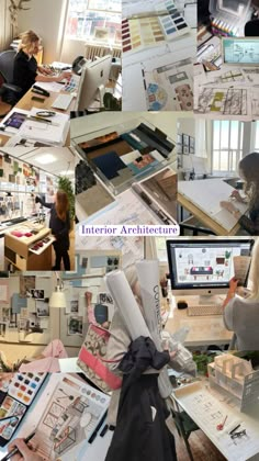 a collage of photos with people working at desks