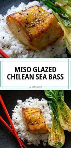 miso glazed chilean sea bass on rice with red chopsticks