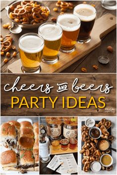 beer and pretzels party ideas with the words cheers and beers on it in different pictures