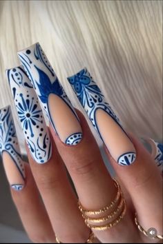 Hispanic Heritage Nail Design, Puerto Rico Inspired Nails, Mexican Inspo Nails, Texas Inspired Nails, Blue Nails With White Design, El Salvador Nails, Blue Mexican Nails, Toile Nails, Intricate Nail Art