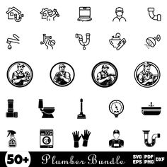 the black and white icons are set in different styles, including symbols such as plumber