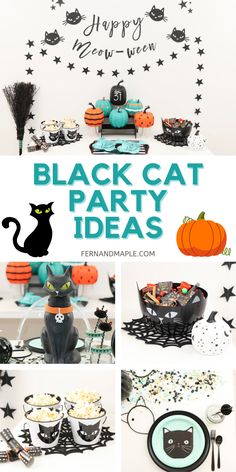 black cat party ideas for halloween, including cupcakes and desserts with sprinkles