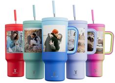 multiple color insulated travel mugs with photos on them and straw in each one