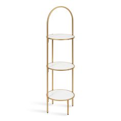 three tiered gold metal shelf with two white shelves on each side and one round glass top