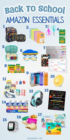 the back to school amazon essentials list is shown in blue and has various items on it