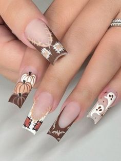 Gelx Fall Design, Long Thanksgiving Nails, Thanks Giving Nail Art Designs, Fall Nail Set Ideas, Spooky Square Nails, Halloween And Fall Nails, Fall Acyrilics Nails, Hot Halloween Nails, Fall Acrylic Nail Ideas Autumn