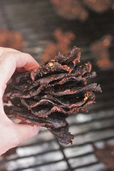 a hand holding up a piece of food on top of a grilling grate