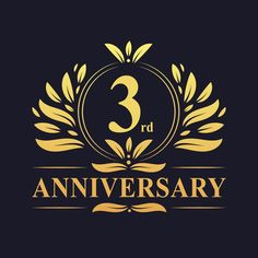 the 3rd anniversary logo is shown on a black background with gold lettering and an elegant wreath