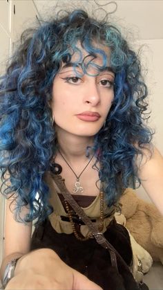 Curly Blue Highlights, Black And Blue Curly Hair, Blue Calico Hair, Hair Dye On Curly Hair, Hair Dye Inspo Curly Hair, Partly Dyed Hair, Hair Dye Ideas Curly, Blue Layered Hair, Light Blue Curly Hair