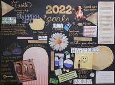 a bulletin board with different things on it and some words written in gold foiling