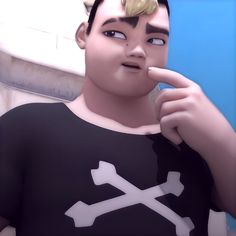 a cartoon character is brushing his teeth while wearing a black shirt with white crosses on it