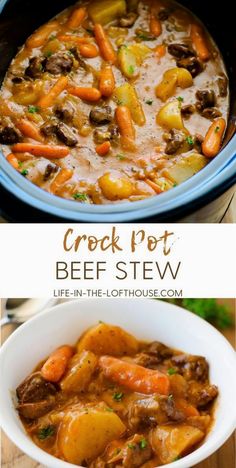 crock pot beef stew in a white bowl with carrots and potatoes