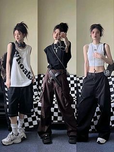 Tomboy Style Outfits Japanese, Fitted Tomboy Outfits, Tomboy Vintage Outfits, Enderman Inspired Outfit, Keeho Inspired Outfits, K Pop Street Wear, Black Jeans Cargo Outfit, Feminine Masculine Style Men, Streetwear Fashion Tomboy