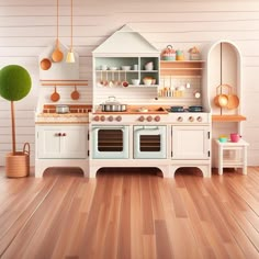 an image of a kitchen setting with white cabinets and wood floors in the living room