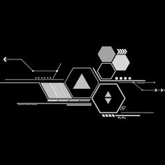 an abstract black and white background with hexagons, arrows, and lines