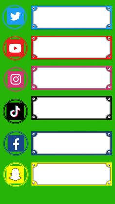 a green background with several different colored buttons and social media icons on it, all in the same row