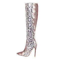 Slytherin beautiful snakeskin printed stiletto heel pointed toed high heel boots Demonia Boots, Snake Boots, Fold Over Boots, Womens High Boots, Basic Boots, Shoe Making, Rose Beige, Zipper Heels, High Heel Boots Knee