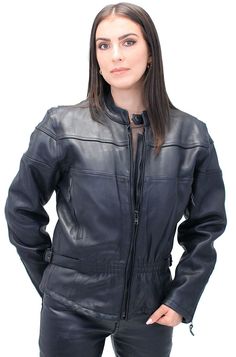 Cheap leather jacket for women on sale with not-so-cheap features including venting, zip out lining and more. This sale priced women's leather jacket is a form fitting ladies riding jacket in a heavy cowhide split leather. A genuine leather jacket that is designed nicely with a wide horizontal stripe, elastic stretch at waist for a more fitted look, bi-swing shoulders for better reach while riding, adjustable side straps, mandarin collar, zip cuffs to keep the wind out along with front and back Cheap Leather Jacket, Leather Jacket For Women, Riding Jacket, Leather Travel Bag, Wide Stripes, Leather Hats, Leather Shirt, Genuine Leather Jackets, Jacket For Women