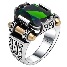 PRICES MAY VARY. Vintage Design: This 925 sterling silver ring features an intricate Turkish Ottoman anatolian motif for a vintage and cultural look. Accent Stones: Accented with a faceted simulated green emerald stone in the center, adding a pop of color and elegance. Bronze Accents: Complemented by bronze details on the ring's shoulders, creating a striking contrast with the silver. Solid Construction: Crafted from genuine solid 925 sterling silver for durability and quality. Versatile Style: Silver Ring For Men, Turkish Ottoman, Ottoman Styling, Ruby Stone, Ring For Men, Emerald Stone, Red Ruby, Green Emerald, Silver Accents