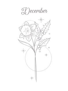 a christmas card with flowers and holly leaves on it, the words december are written in silver