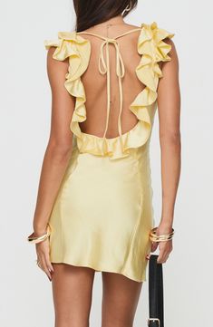 Decadent ruffles tracing the deep V-neck and plunging back dial up the romance of a figure-skimming minidress cut from sleek satin. 31 1/2" length (size 4) Ties at back Deep V-neck Sleeveless Unlined 95% organic cotton, 5% elastane Hand wash, line dry Imported Yellow Satin, Cutout Maxi Dress, Yellow Silk, Short Summer Dresses, Half Skirt, Ruffle Mini Dress, Ruffle Hem Dress, Hoco Dresses, Tie Dress