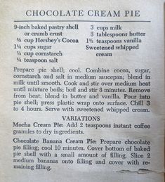 an old recipe for chocolate cream pie