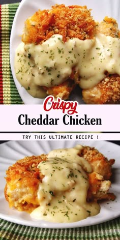 crispy cheddar chicken with creamy gravy on the top and bottom