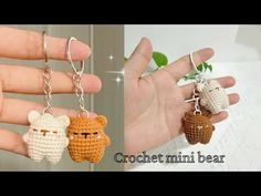 crochet mini bear keychains are shown in two different pictures, one is brown and the other is white