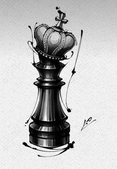 a black and white drawing of a chess piece with a crown on it's head