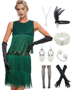 PRICES MAY VARY. Package include: 1 x 1920S Sequin Tassel Flapper Dress , 2 x Pearl Necklace ; 1 x Long Satin Gloves; 1 x Headband ; 2 x Earrings ; 1 x Pearl Bracelet ; 1 X Pearl Brooch ; 1 x Pearl Open Ring. The dress features a stunning art deco design with intricate sequin and bead embellishments, giving it a luxurious and eye-catching look. The long fringe detailing sways gracefully as you move, adding a touch of drama and excitement to your ensemble. Flapper Headband: With feather and jewel 20s Accessories, Long Satin Gloves, Sequin Accessories, Satin Gloves, Gatsby Themed Party, Flapper Headband, Deco Dress, Art Deco Dress, 1920s Style