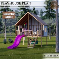 a play house with a slide and purple slide in the grass next to some trees