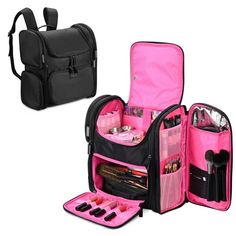 two pink and black travel bags with compartments on each side, one is open and the other has its contents in it