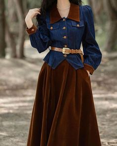 Brown Velvet Skirt, Dark Academia Aesthetic Outfit, Crop Top Suit, Academia Aesthetic Outfit, Long Sleeve Denim Jacket, Dark Academia Aesthetic, Velvet Skirt, Academia Aesthetic