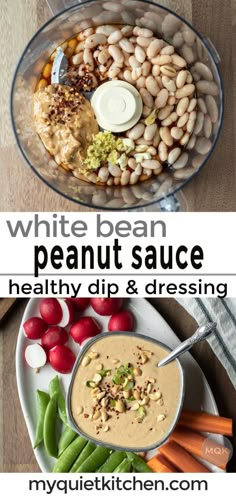 white bean peanut sauce in a food processor and healthy dip and dressing on a plate