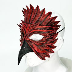 Red Cosplay Mask For Carnival, Masquerade Bird Mask, Novelty Red Mask Costume Accessory, Handmade Red Masquerade Mask, Bird Beak Mask, Bird Mask, Wall Mask, Leather Mask, Red Bird